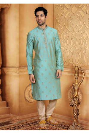 Pale Blue Color Silk And Poly Fabric Kurta Set